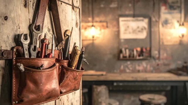 A leather tool belt hangs on a rustic wooden door with various tools, a workshop in the background
