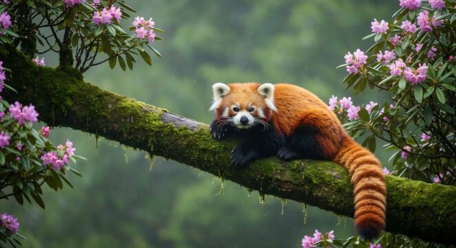 A Red Panda resting on a mossy branch in a cloud forest during the spring, surrounded by blooming rhododendrons and green mist, 16:9 aspect ratio.