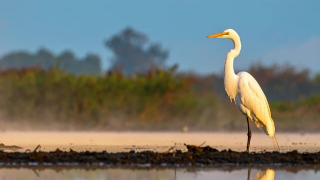 A lone egret stands tall in shallow water, bathed in morning sunlight, serene and quiet