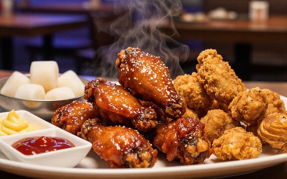 Steamy glazed chicken wings and crispy fried pieces with sauces and