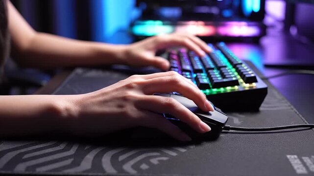 Gamer hands using keyboard and mouse with RGB lighting on gaming PC setup closeup