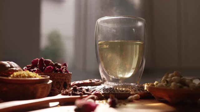 Gradual Slow Zoom In on Vapor Rising from Organic Flower Tea - Pure Calming Atmosphere for Aromatherapy. Smooth push in on dancing steam above herbal infusion. for holistic healing and aromatherapy.