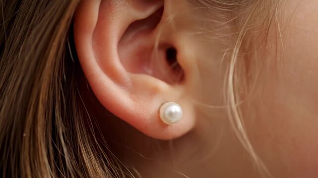 Close-up of a young person's ear adorned with a classic pearl stud earring