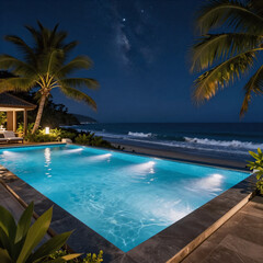 Fototapeta premium Art Deco Ocean Night. Infinity Pool With Ocean View, Glowing Under The Starry Night In Tropical Luxury