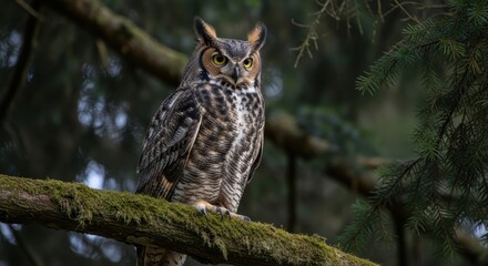 Fototapeta premium Great Horned Owl with Piercing Yellow Eyes Perched on a Mossy Branch in a Dark Forest