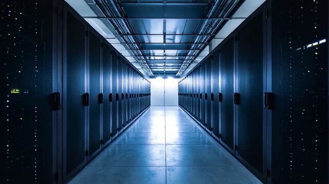 A perspective shot of a server room hallway, bathed in blue light, leading to a bright exit