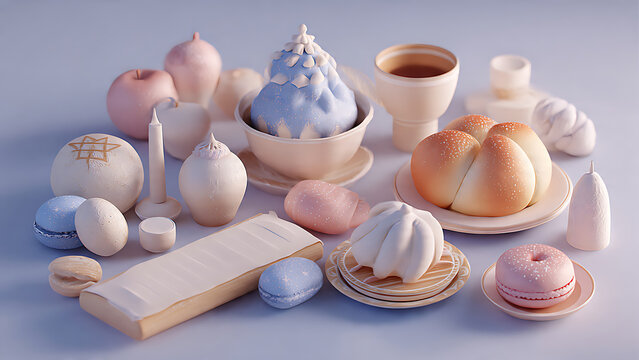 Arranged Soft Pastel Clay Passover Elements and Traditional Food Items on Wooden Table in Minimalist Setting