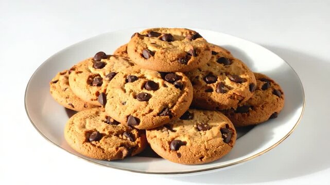A pile of chocolate chip cookies on a white plate with a gold rim against a white background