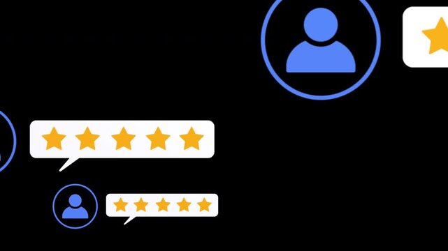 Customer bubble ratings with five stars reviews and user avatars, with camera moving forward effect. for testimonial and feedback, video alpha channel animation
