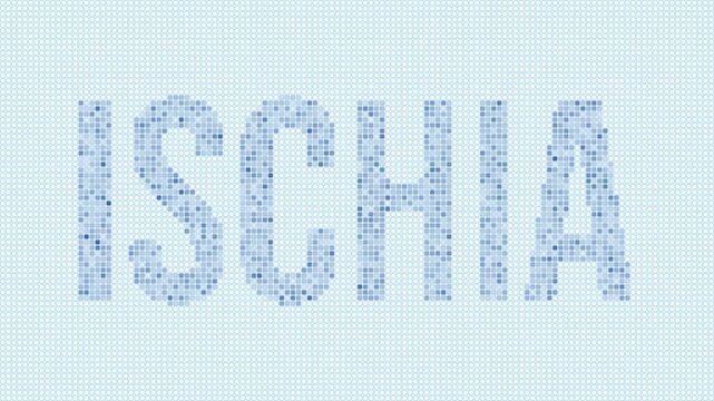 Ischia dotted map animation. Digital style shape of the island. Ischia shape and title blue dots appear with flickering effect. Italy. Creative Intro, outro, title, logo video.