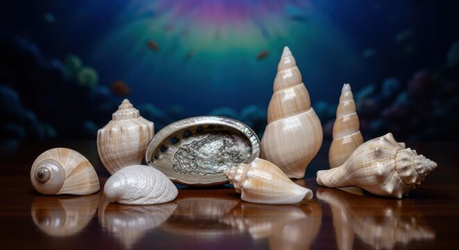 A curated collection of luminous, iridescent seashells and abalone displayed on a polished surface, evoking the allure of the ocean's treasures.