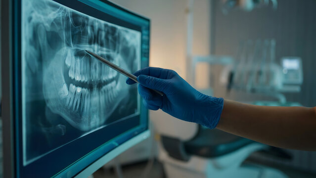 Dentist's gloved hand points to a digital dental X-ray on a monitor, examining a panoramic radiograph for diagnosis
