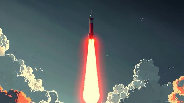 A red and white rocket blasts off, flames illuminate a cloud-filled sky with stylized art