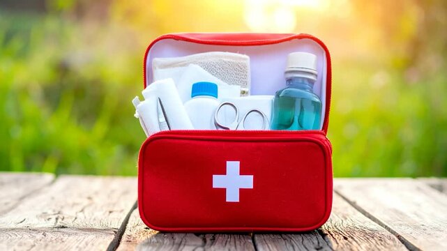 A red first aid kit, open on wood, holds supplies, with nature background