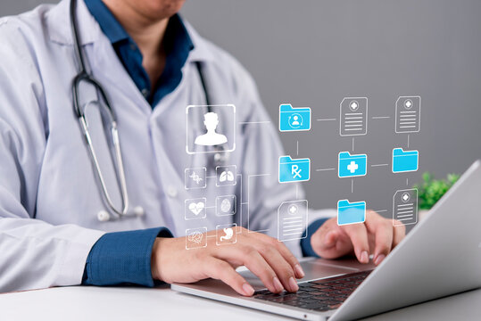 Doctor hands typing laptop electronic medical record EMR healthcare data patient profile digital folder futuristic hospital technology clinic online consultation medical history database system.