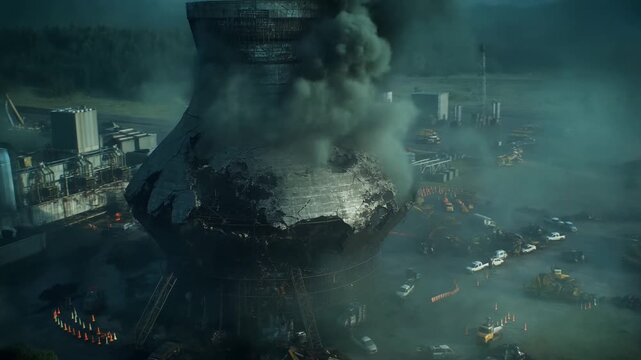 Aerial View of Nuclear Plant Meltdown &ndash; Damaged Cooling Tower with Toxic Smoke Plumes and Emergency Response Teams

