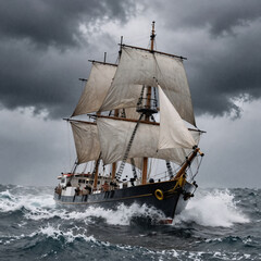 Obraz premium Noir Sea Dark. Stormy Sea With A Boat In Turmoil
