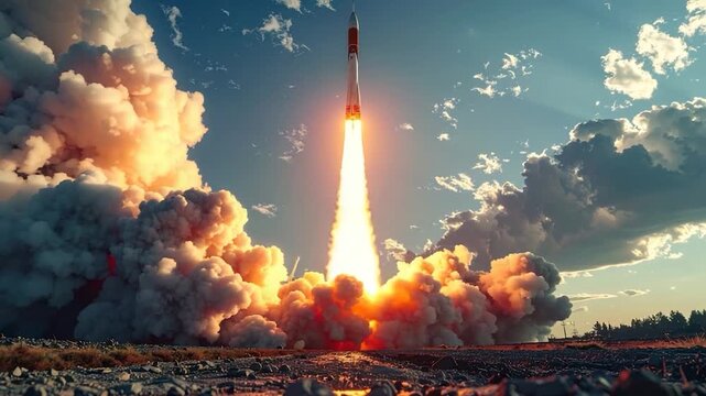 A rocket ascends amidst a plume of fire and smoke against a backdrop of clouds and sky