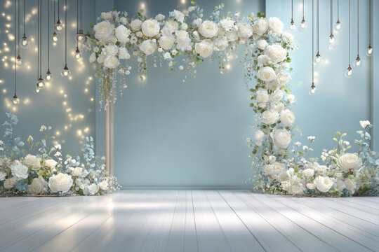 Wedding arch floral backdrop white rose peony greenery fairy light elegant ceremony venue dreamy romantic scene on blue wall