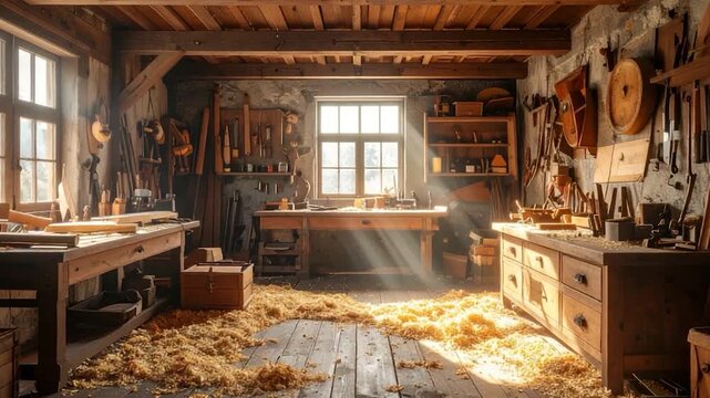 A rustic workshop filled with tools, wooden furniture, and shavings, lit by sunbeams through windows