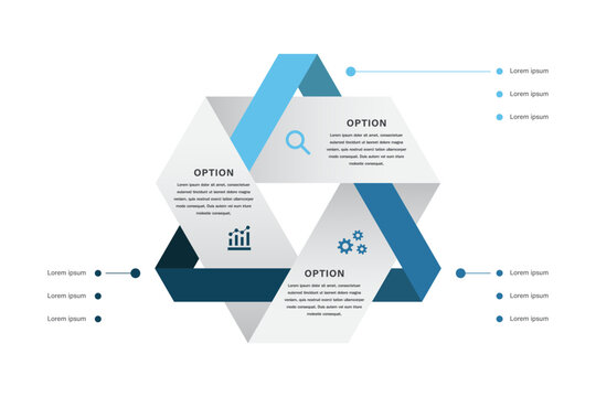 3 Step Modern Triangular Venn Diagram Infographic Chart with Interlocking Ribbon Elements, Hexagonal Options, Business Analytics Icons, and Connected Category Bullet Points for Professional Data