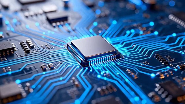 Closeup of a circuit board with glowing blue lines