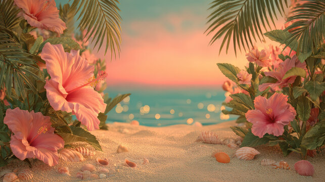 Tropical beach palm tree hibiscus flower pink blossom sand shell sunset ocean horizon bokeh dreamy backdrop serene mood