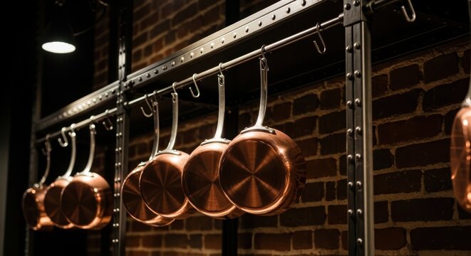Polished copper pots and pans artfully displayed hanging from metal hooks above a brick wall