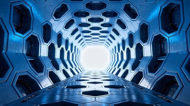 Futuristic hexagonal corridor with blue lighting