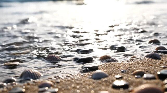 Waves wash over smooth rocks and pebbles on a serene beach shore footage