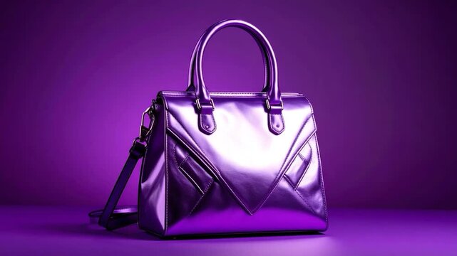 A shiny, metallic purple handbag is set against a matching background. It features handles and a shoulder strap