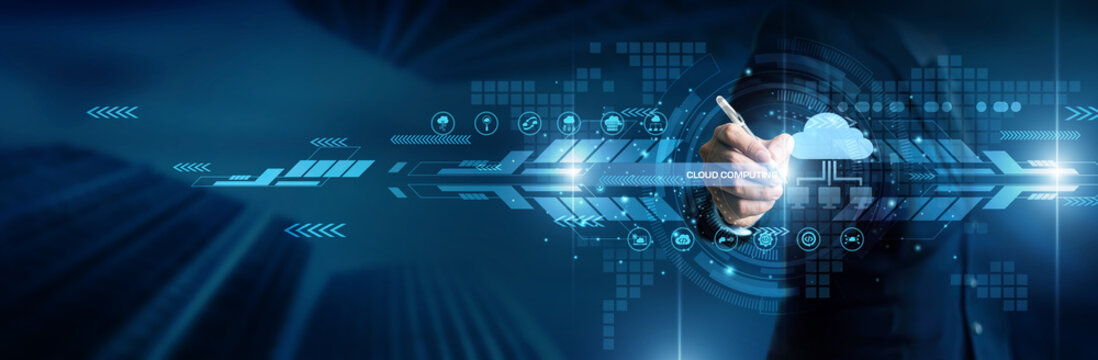 Cloud computing concept. Industry person point cloud computing storage data world server network technology digital system online platform security connection solution.