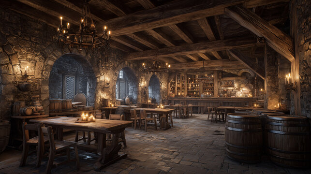 Spacious medieval tavern interior with rustic wooden beams, warm candlelight, stone walls, and cozy atmosphere, evoking a historic European inn setting.