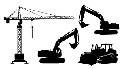 Construction Equipment Silhouette - Crane, Excavators, and Bulldozer. © Chafidz