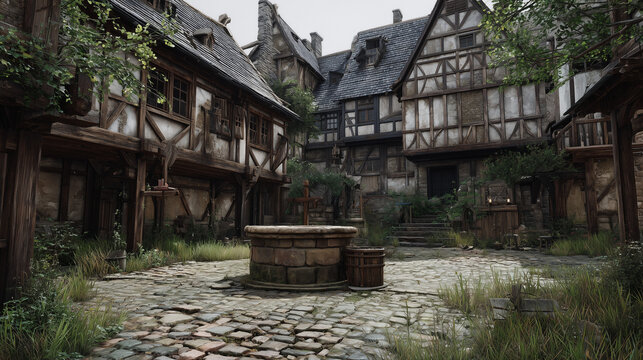 Medieval village courtyard with half timbered Tudor houses, historic European architecture, charming rustic square with cobblestone and heritage atmosphere.