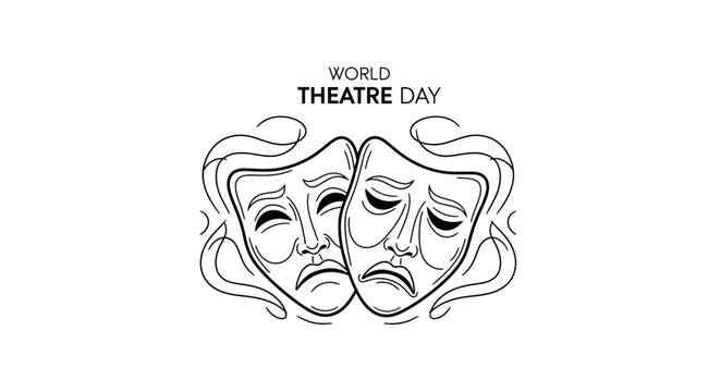 Vector illustration of comedy and tragedy masks on World Theatre Day, symbolizing performing arts celebration with theatrical performance concept.