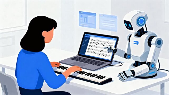 Woman and robot composing music