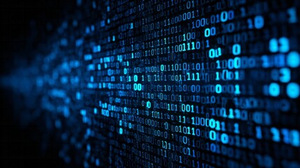 Fototapeta premium Digital information stream composed of glowing blue binary code flows across a dark background.