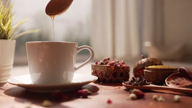 Minimalist Honey Drip in White Tea Cup with Dried Bael Fruit - Modern Healthy Living Style for Interior Blogs