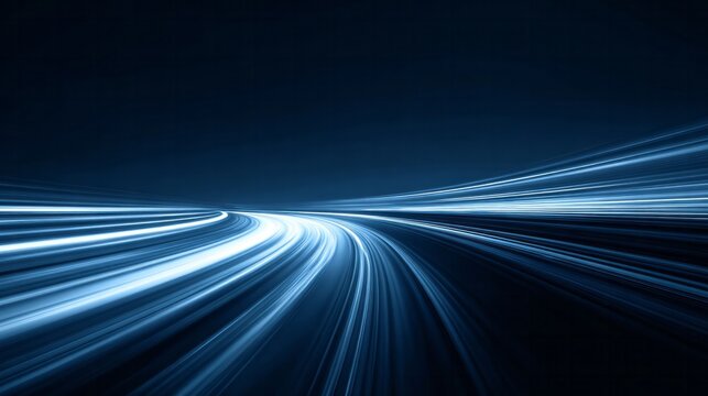 Bright blue light trails curve across a dark digital highway