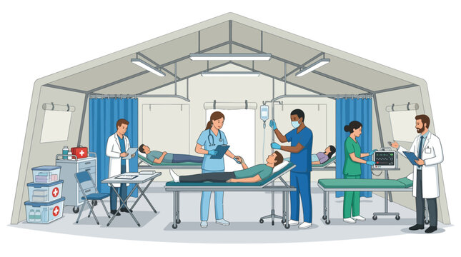 Medical professionals provide care to patients in a temporary outdoor clinic, highlighting emergency healthcare services and disaster relief efforts