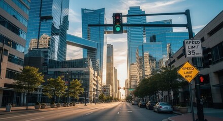 Obraz premium Modern Urban Streetscape With Sleek Skyscrapers And Traffic Lights
