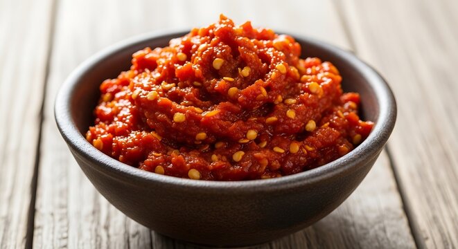 A close up of a bowl filled with vibrant red chili paste with visible seeds on a wooden table. sambal oelek