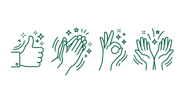 Set of green line art icons featuring hands of managers performing thumbs up clapping and ok sign gestures, ideal for corporate appreciation, executive feedback and business communication