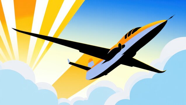 Airplane Flying Through Clouds at Sunset