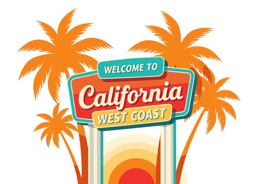Welcome to California West Coast retro sign with palm trees and sunset