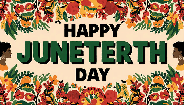 Happy juneteenth celebration with vibrant flowers and afrocentric art suitable for social media posts, event promotion, educational materials, and cultural awareness campaigns.