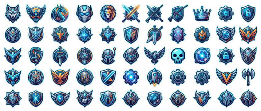 Collection of blue fantasy shields and crests.