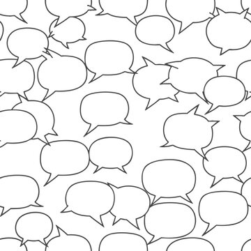 Scattered outline speech bubbles create a chaotic, busy pattern on a white background