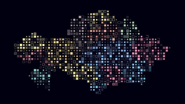 Kazakhstan animated country shape. Pulsating colored dots on the map of the country. Small size square blocks. Digital style Kazakhstan map on dark background. Classy animation video.